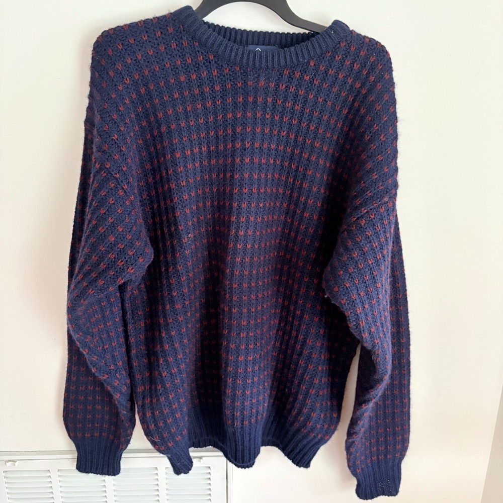 Woolrich Vintage Wool Birds Eye Knit Sweater Mens Navy Blue XL Nordic Crew Neck